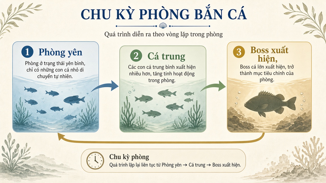 Sơ đồ chu kỳ ph&ograve;ng bắn c&aacute;: ph&ograve;ng y&ecirc;n, c&aacute; trung, rồi boss xuất hiện theo v&ograve;ng lặp
