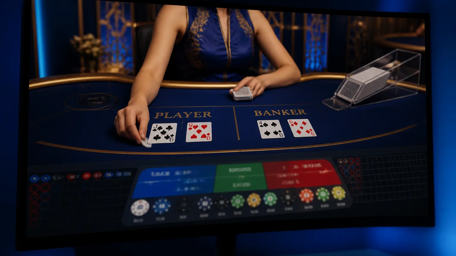 Bàn Baccarat live với cửa Player, Banker và Tie — ví dụ nhóm bài casino live