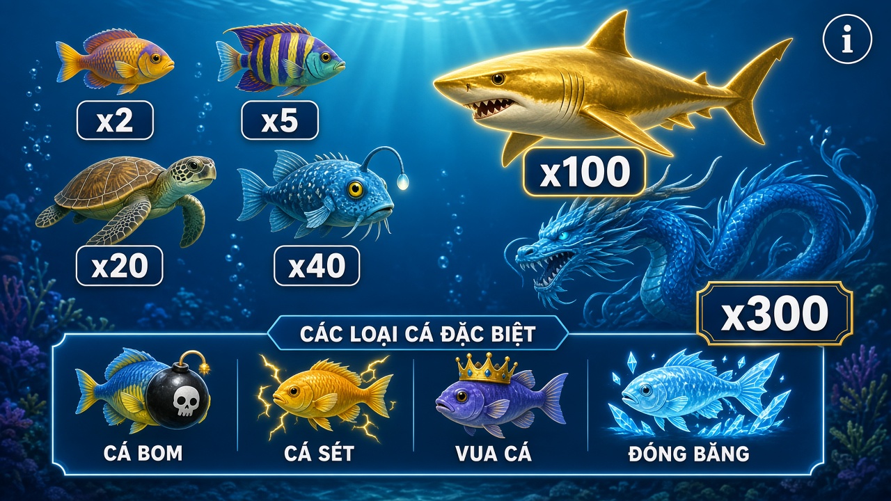 Bảng hệ số c&aacute; trong game bắn c&aacute;: c&aacute; nhỏ x2, c&aacute; vừa x20, c&aacute; mập x100, rồng x300 v&agrave; c&aacute;c loại c&aacute; đặc biệt c&aacute; bom, c&aacute; s&eacute;t, vua c&aacute;, đ&oacute;ng băng