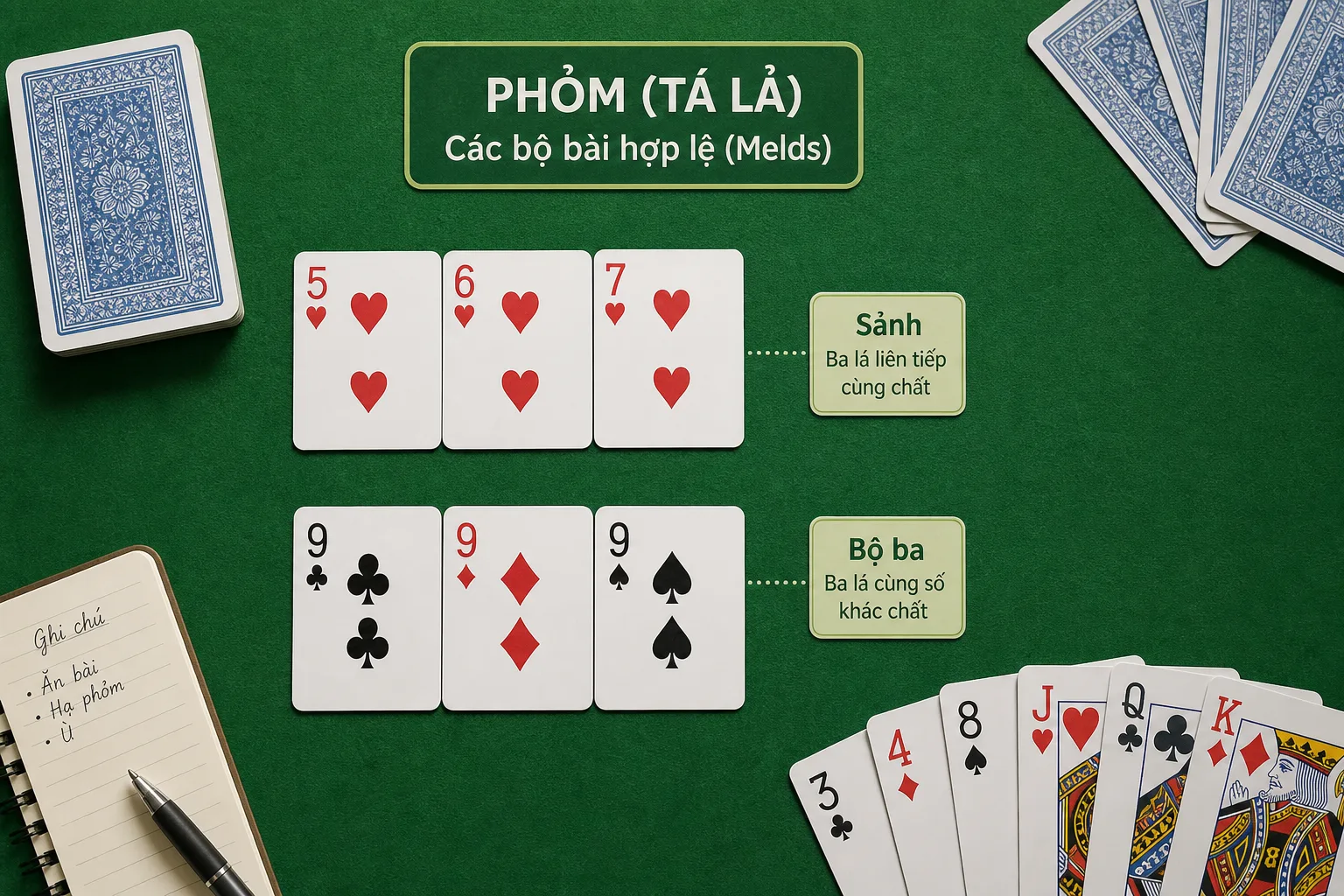 Minh họa luật Phỏm T&aacute; lả: phỏm sảnh v&agrave; phỏm bộ ba tr&ecirc;n b&agrave;n b&agrave;i